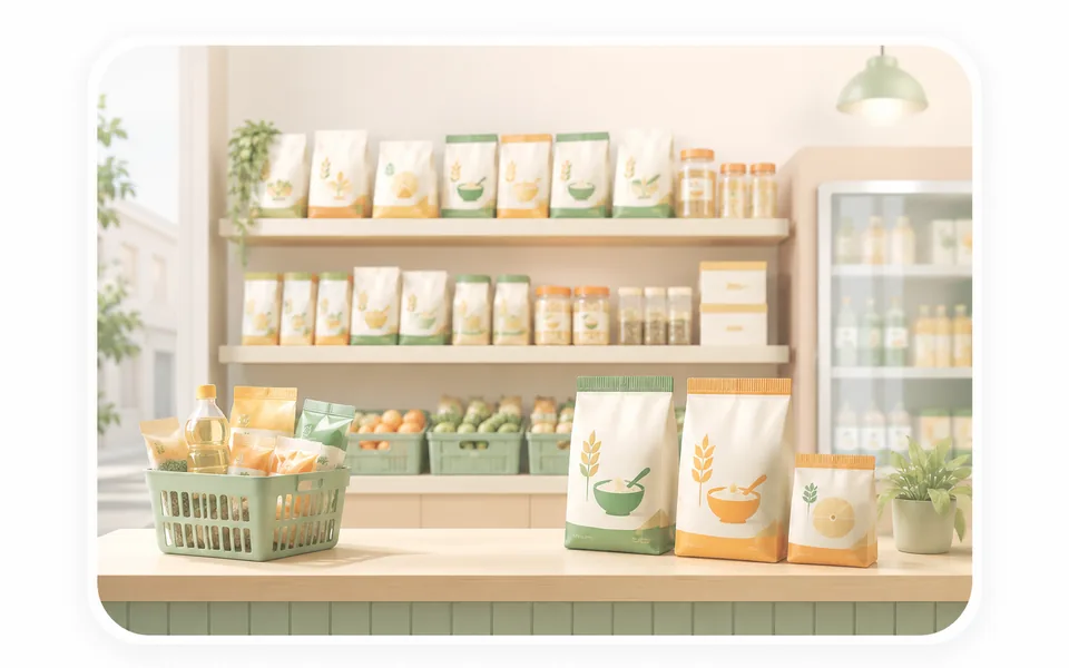 Quầy tạp hóa và minimart trưng bày các nhóm bột đóng gói