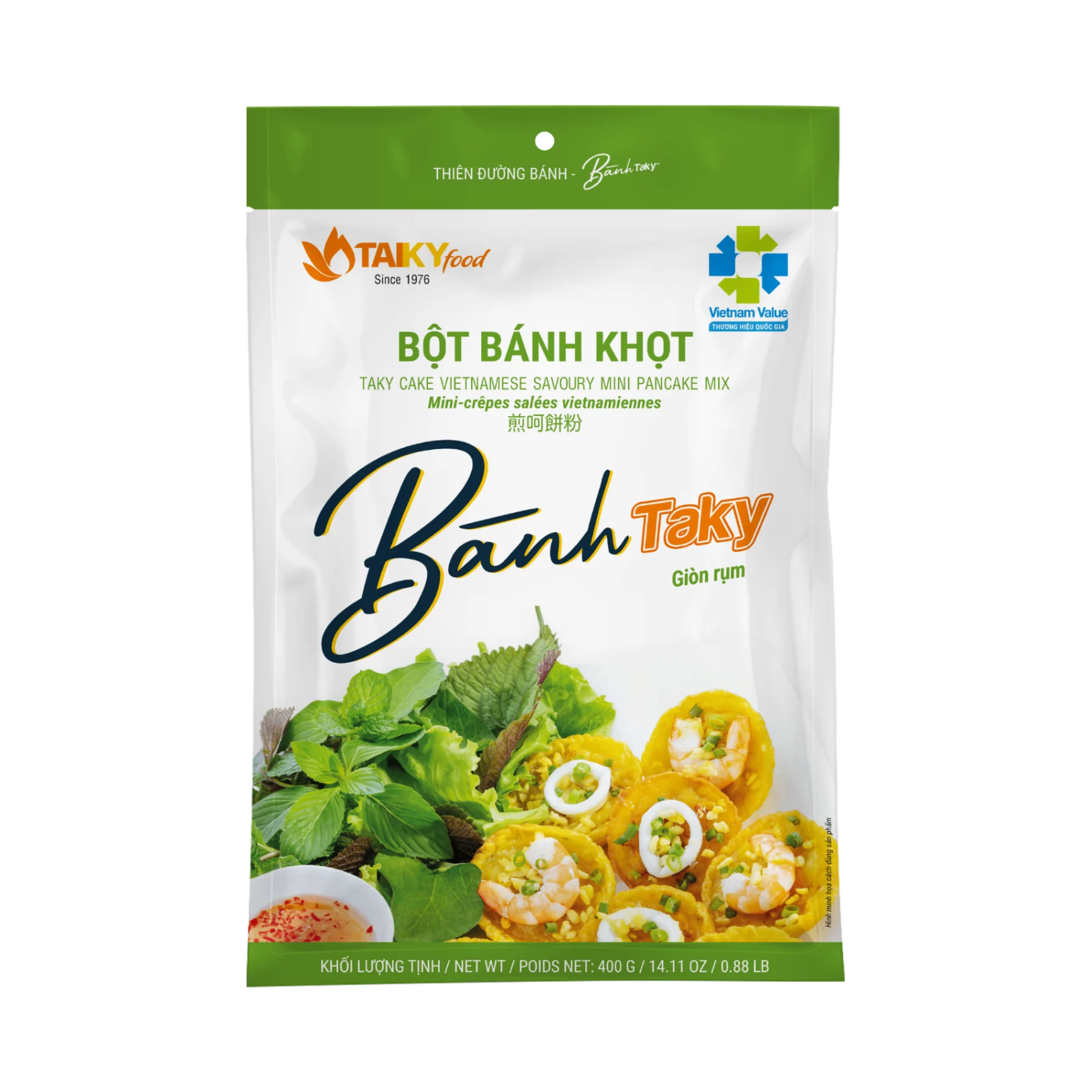 Gói bột bánh khọt TAKY 400 g dùng làm mốc so sánh với bột bánh xèo