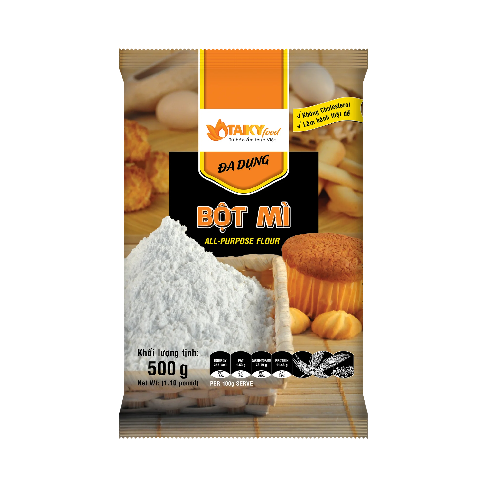 Gói bột mì TAKY 500 g cần được cách ly nếu bao bì có dấu côn trùng hoặc lỗ thủng
